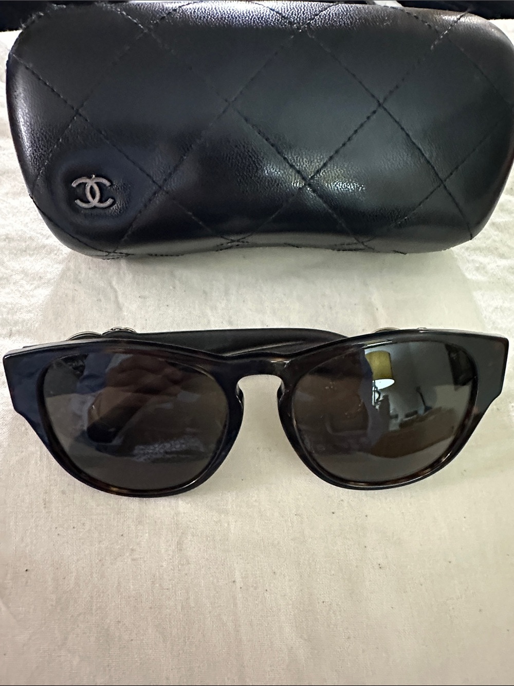 CHANEL Black Cat-Eye Sunglasses with Quilted Logo Case